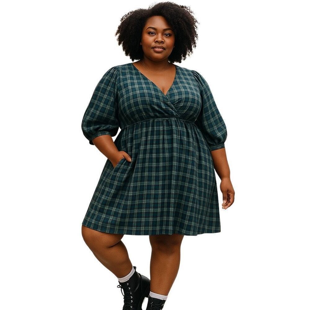 Madewell Forest Green Plaid Mariana Puff Sleeve Mini Dress XXL, New with Tags